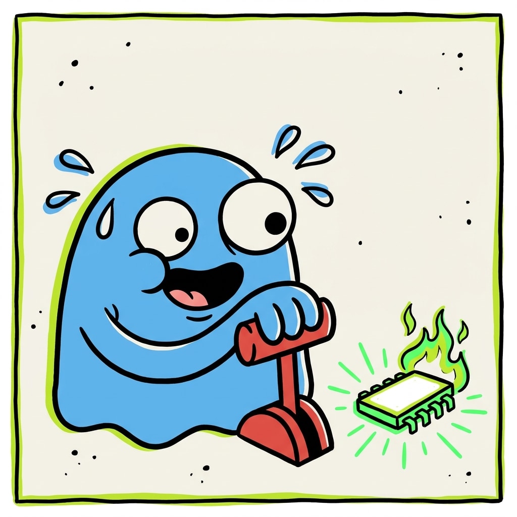 The blob slamming a red lever while a chip glows white-hot